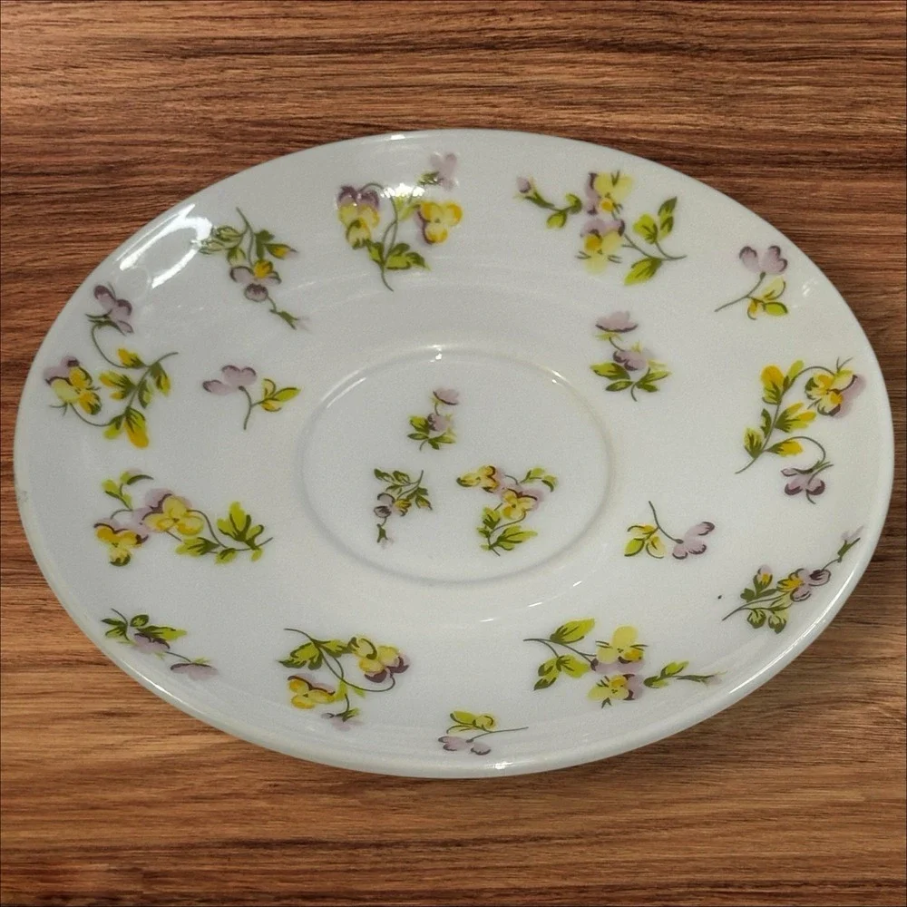 Martha Stewart  Everyday France Yellow Purple‎ Pansies 3 Coffee Cup Saucers